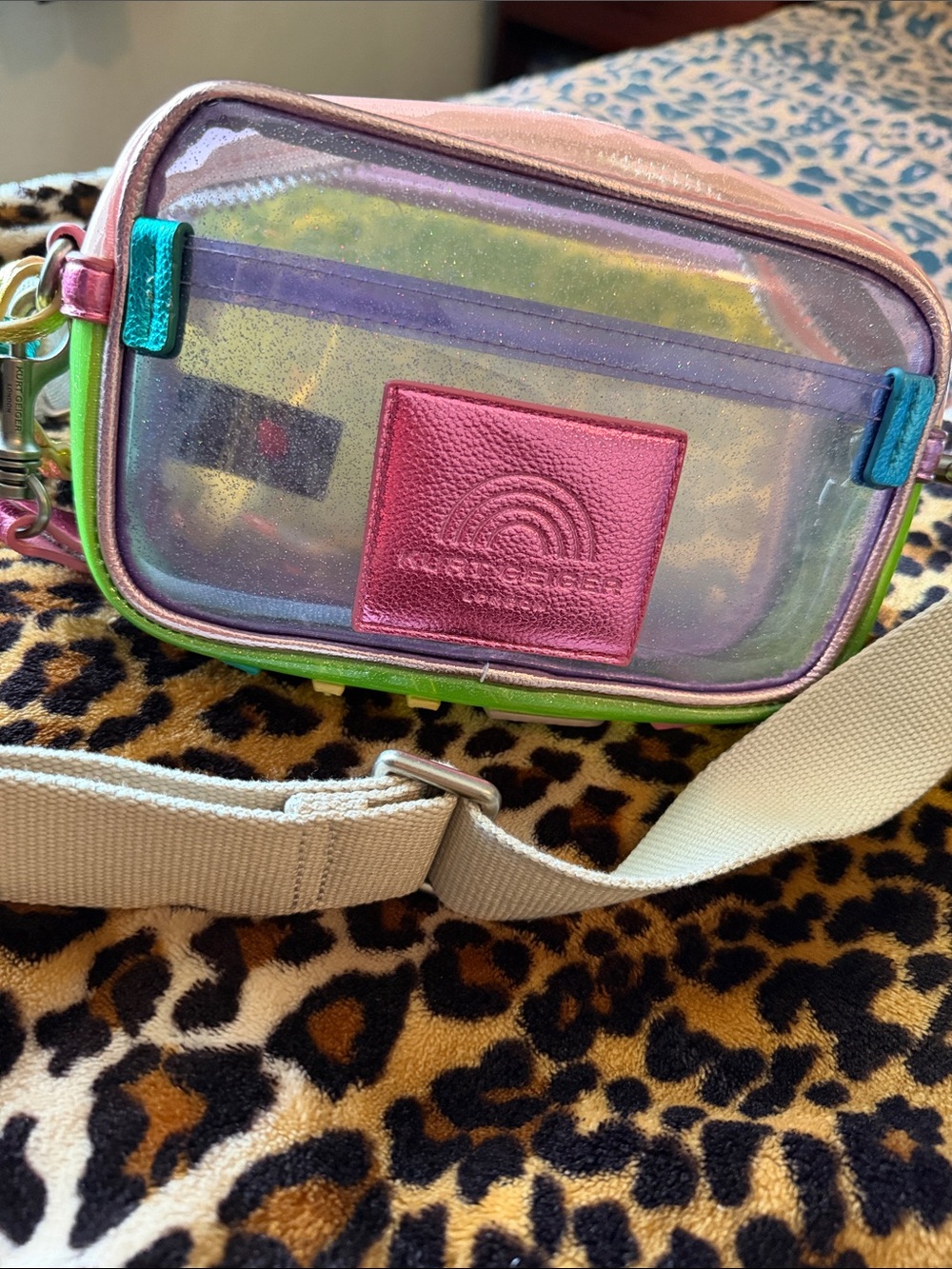 Kurt Geiger Holographic Clear Crossbody Bag with Pink Patch